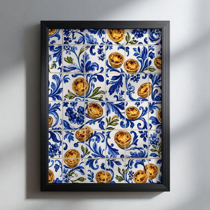 Black framed Portuguese azulejo wall art featuring golden pastel de nata custard tarts among blue floral tile patterns, displayed against a light neutral wall.