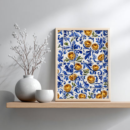 Small wooden framed Portuguese azulejo print featuring blue floral tiles and pastel de nata, displayed on a wooden shelf against a soft grey wall beside a decorative vase.