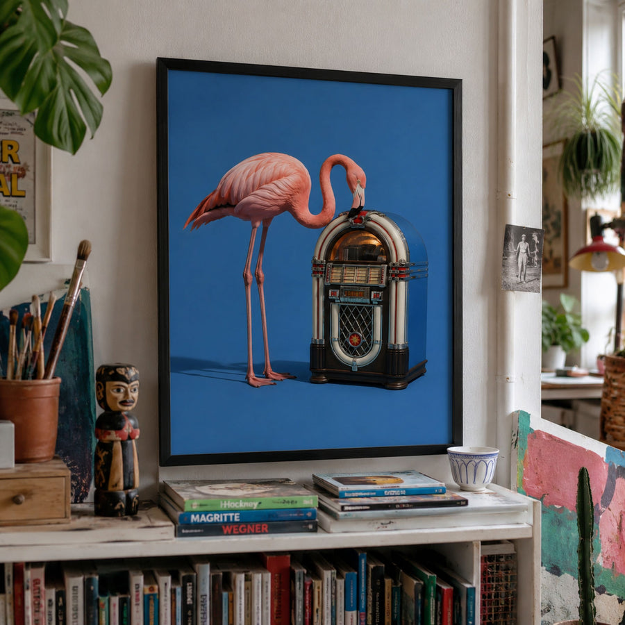 Pink flamingo and retro jukebox wall art displayed in a black frame above a colourful studio cabinet, surrounded by books, plants and creative home décor.