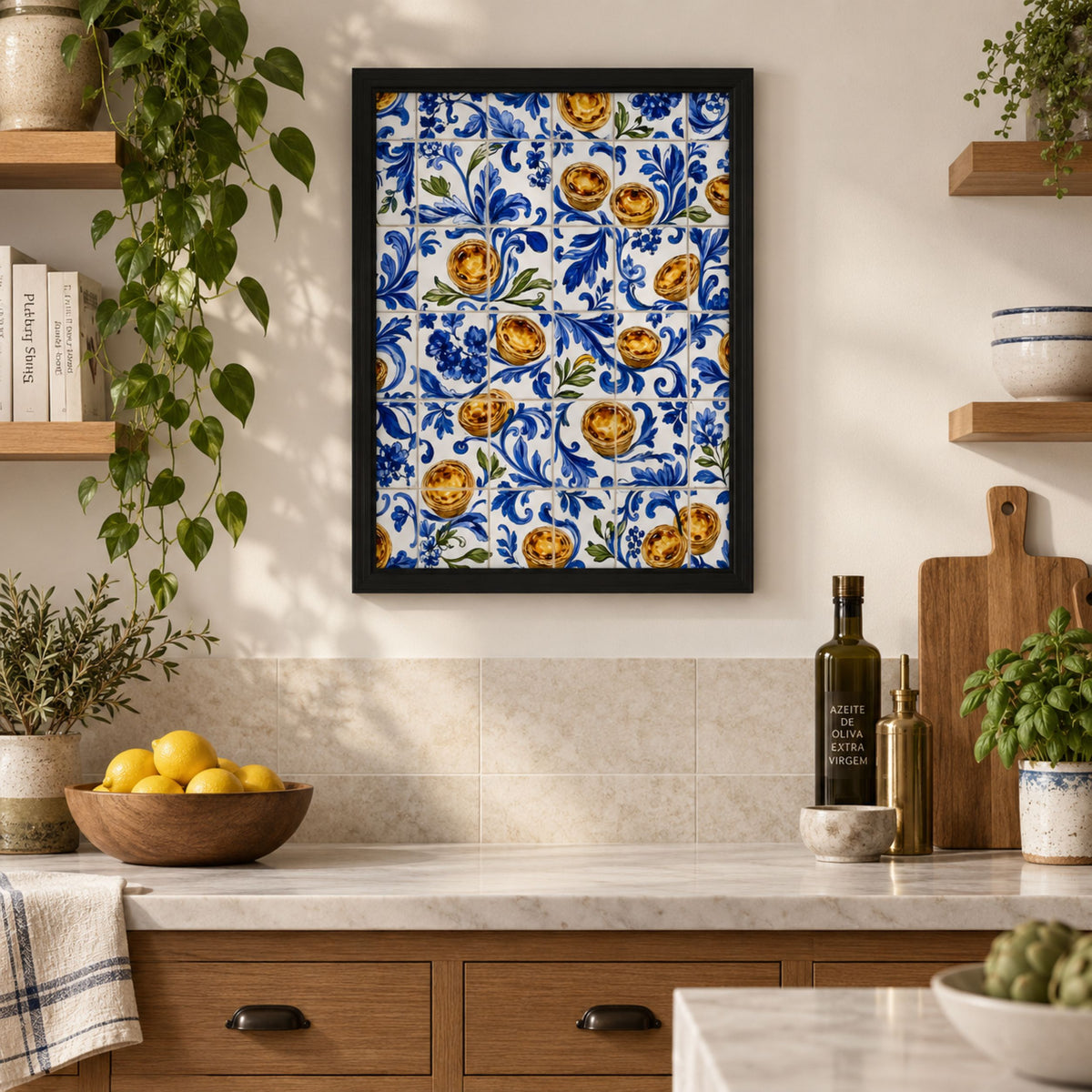 Framed pastel de nata Portuguese azulejo print displayed above a kitchen worktop, surrounded by warm wood cabinetry, plants, stone surfaces and simple kitchen accessories.