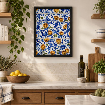 Framed pastel de nata Portuguese azulejo print displayed above a kitchen worktop, surrounded by warm wood cabinetry, plants, stone surfaces and simple kitchen accessories.