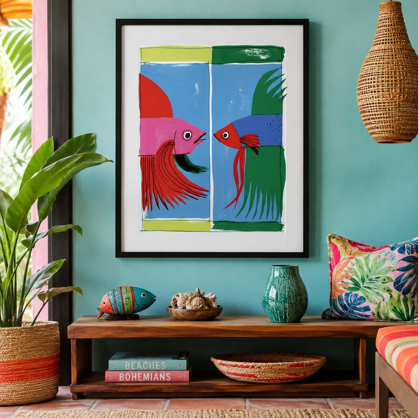Colourful Thai fighting fish print displayed in a black frame above a wooden cabinet in a collected living room with a green wall, plants and decorative objects.