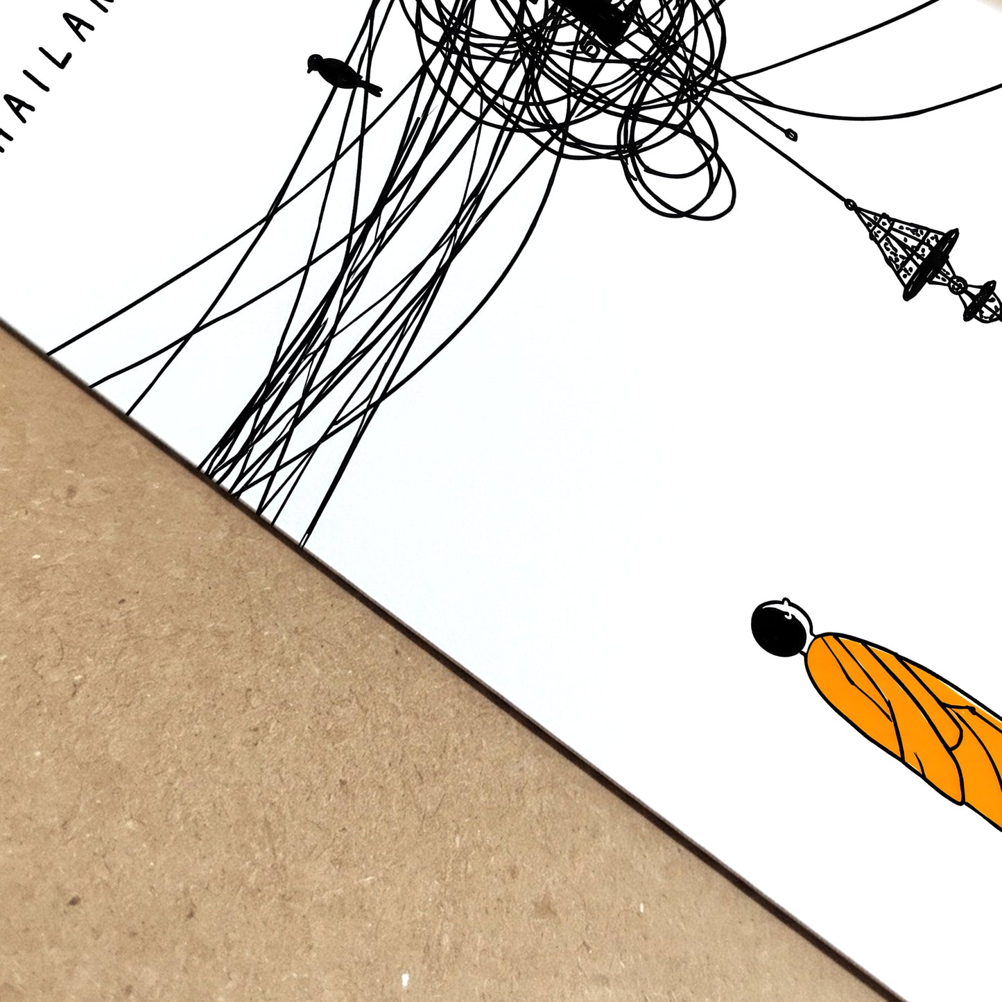 Close-up view of the Thailand cable mess poster, focusing on the black tangled street wires, small bird, orange monk robe and paper texture. The angled shot highlights the clean line art, white space and funny Thai street scene detail in this modern travel wall art print.