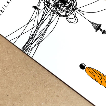 Close-up view of the Thailand cable mess poster, focusing on the black tangled street wires, small bird, orange monk robe and paper texture. The angled shot highlights the clean line art, white space and funny Thai street scene detail in this modern travel wall art print.