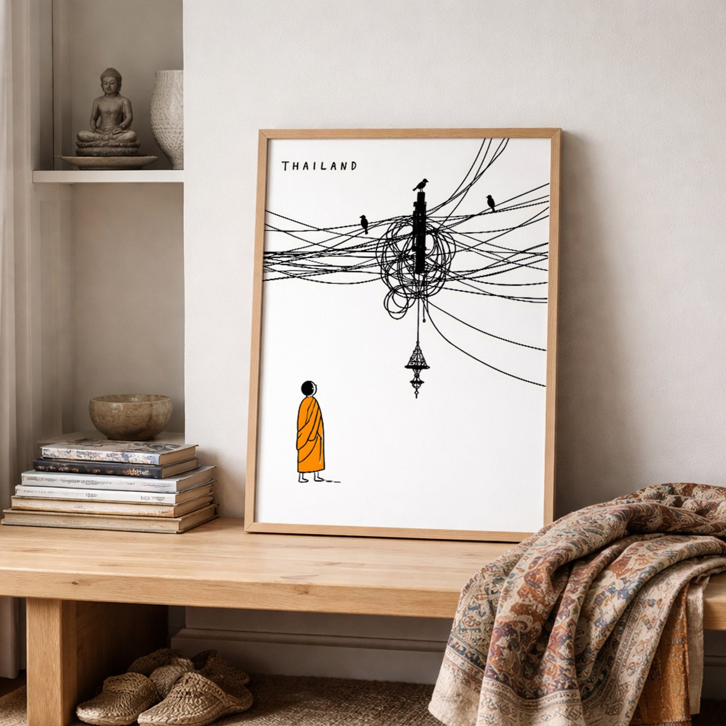 Thailand cable mess poster styled on a wooden shelf beside folded fabric and neutral home decor. The print shows a Buddhist monk in an orange robe below tangled black street cables, birds and a hanging Thai lamp, giving the room a clean travel art and cultural wall decor feel.