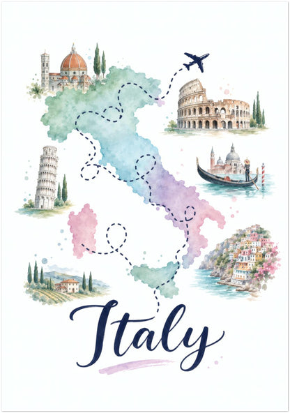 Unframed 20 x 28 inch Italy travel map print in a portrait layout. The artwork shows Italy in pastel green, blue, pink and purple watercolour sections, surrounded by illustrated architecture, monuments and coastal scenes. Dotted journey routes, a small aeroplane and flowing navy Italy lettering create bright Italian wall decor.