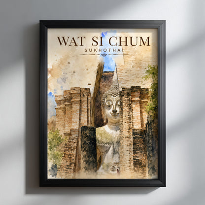 Wat Si Chum Buddha art print in a black frame on a light wall, showing Sukhothai temple ruins in warm brown and cream watercolour tones with soft blue and green details.