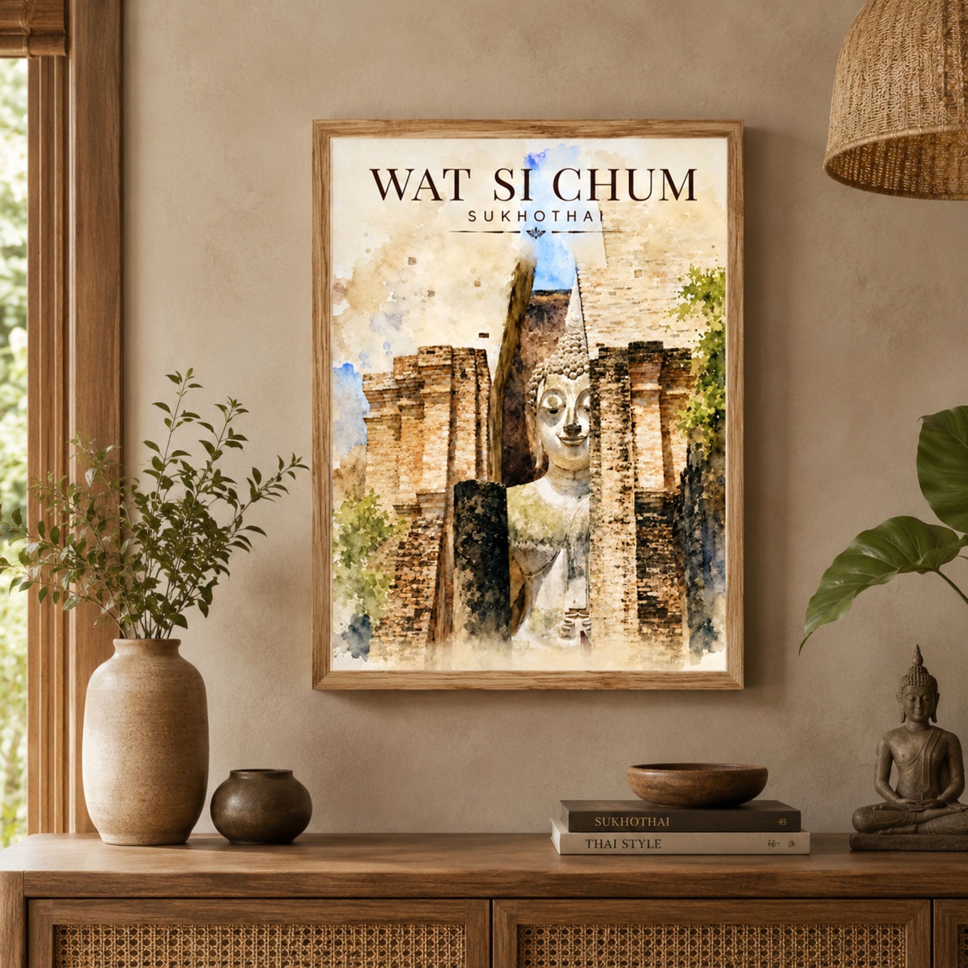 Wat Si Chum Sukhothai art print displayed in a warm neutral living room, featuring the seated Buddha framed by historic brick temple architecture in an earthy watercolour-style design.