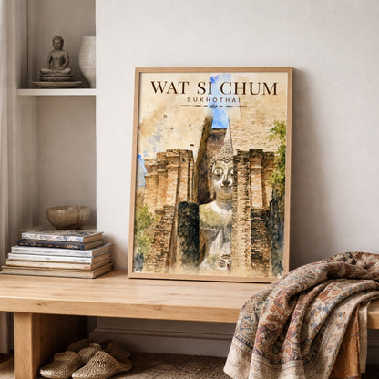 Wat Si Chum Thai temple art print displayed on a shelf in a neutral interior, featuring the seated Sukhothai Buddha among weathered brick ruins in warm earthy watercolour tones.