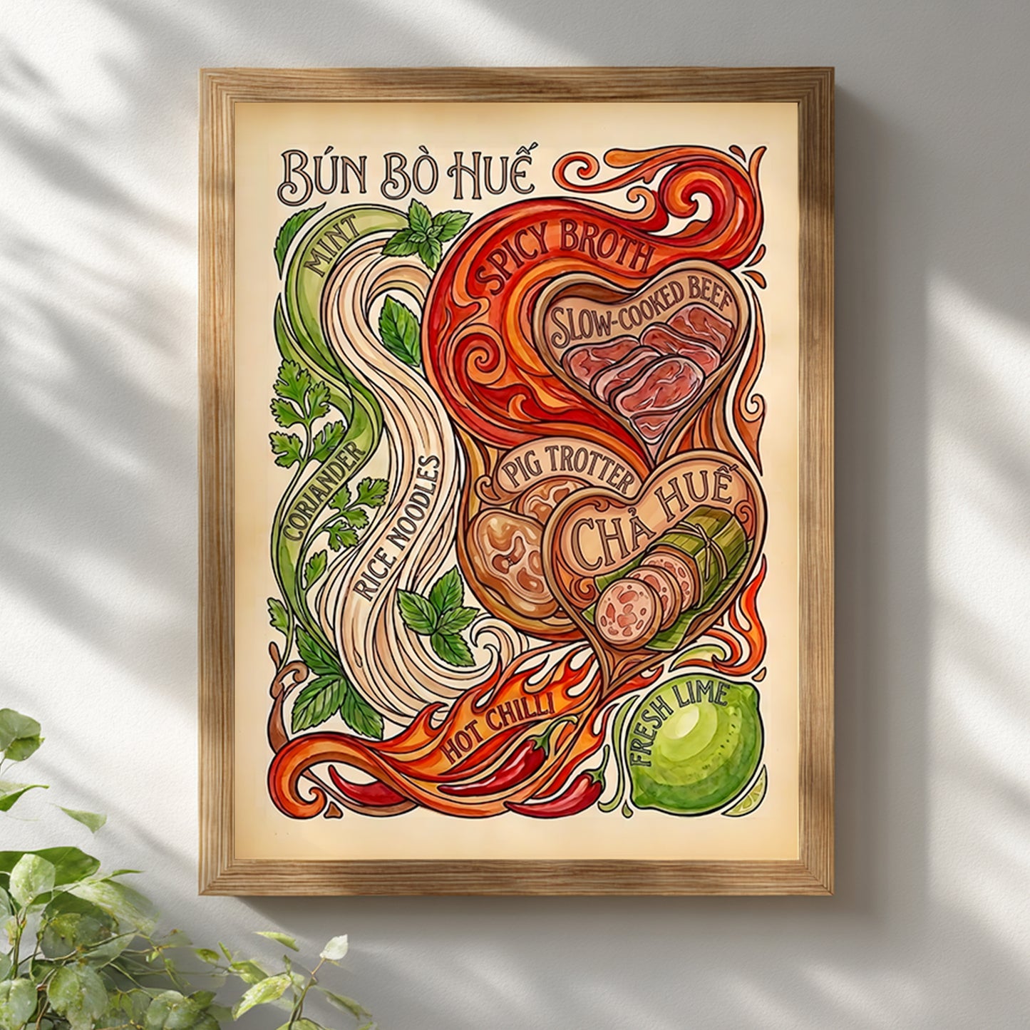 Bun Bo Hue Vietnamese food poster shown in a wooden frame on a white wall with soft natural light. The artwork includes rice noodles, chilli, lime, mint, coriander, beef and red spicy broth swirls, creating a warm vintage kitchen print for dining rooms, cafes or Asian food wall decor.