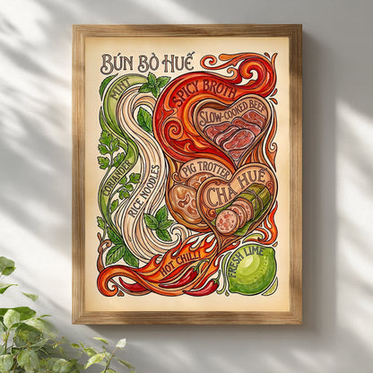 Bun Bo Hue Vietnamese food poster shown in a wooden frame on a white wall with soft natural light. The artwork includes rice noodles, chilli, lime, mint, coriander, beef and red spicy broth swirls, creating a warm vintage kitchen print for dining rooms, cafes or Asian food wall decor.