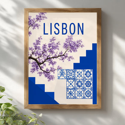 Wooden framed Lisbon poster white wall decor CC-PRINT-0135
ALT text: Wooden framed Lisbon poster hanging on a white wall with soft natural shadow. The artwork includes blue Portuguese tile patterns, deep blue city steps, purple jacaranda flowers and simple Lisbon text, giving a fresh Portugal travel poster look for living rooms, hallways, offices and gallery walls.