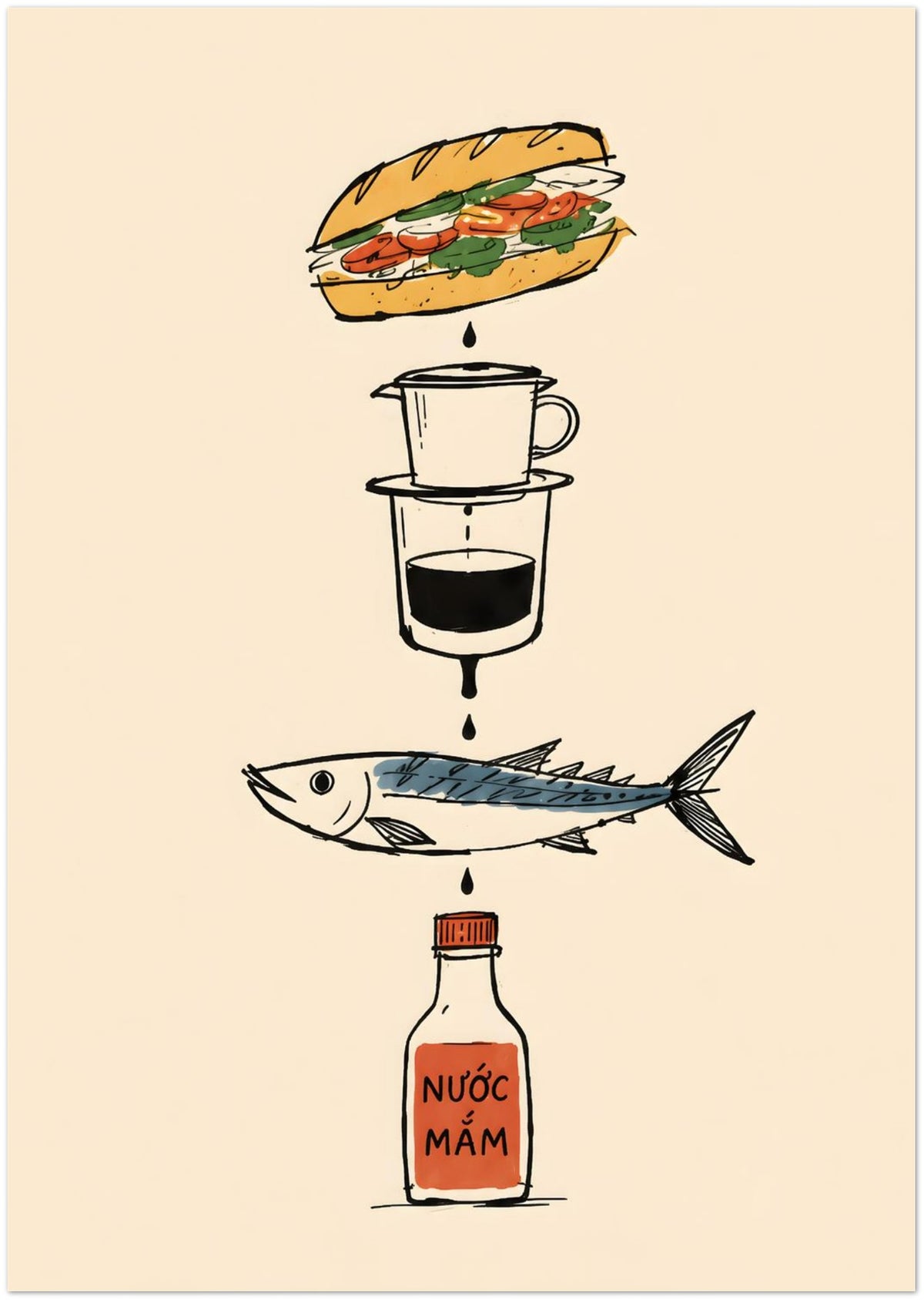 Vietnamese Food Staples Illustrated Poster displayed on Premium Paper (170 GSM) A0 (84.1 x 118.9  cm)
