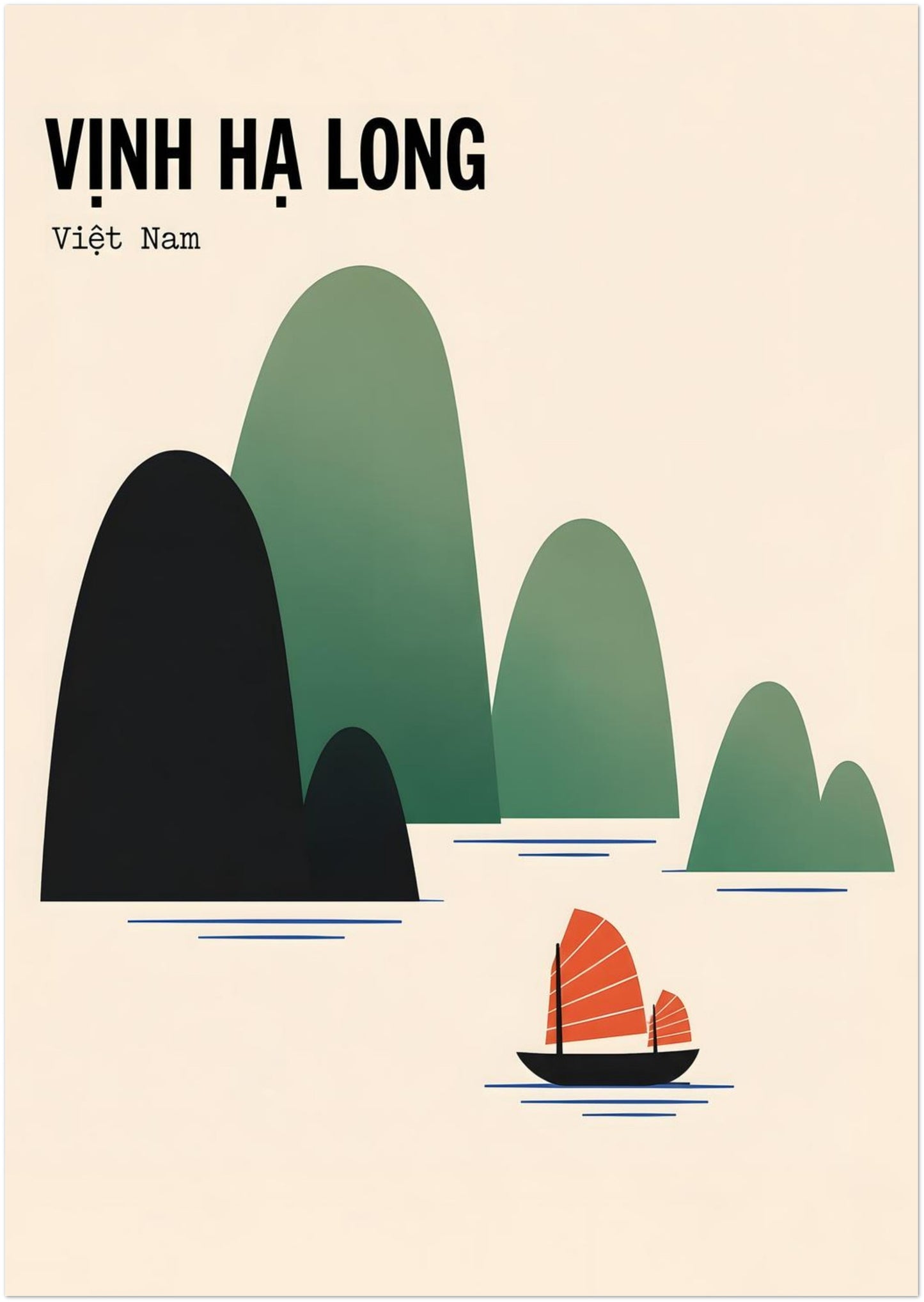 Unframed A3 Vietnam poster depicting Ha Long Bay through simple black and green limestone forms, delicate blue water lines and a small traditional junk boat with bright red sails. The cream background and Vinh Ha Long typography give the artwork a clean vintage travel look suited to compact walls, shelves and gallery displays.