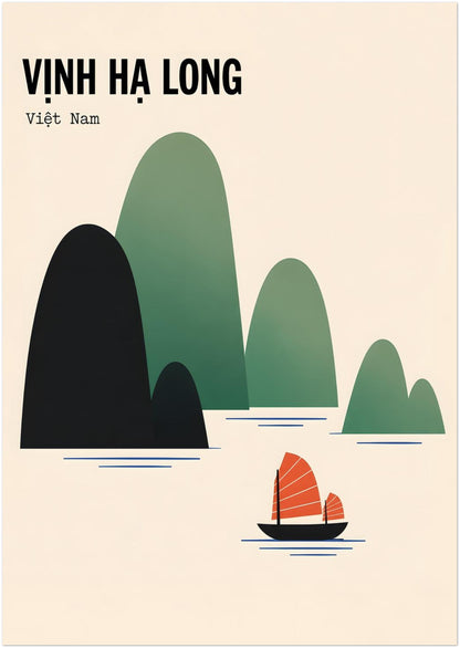 Unframed A3 Vietnam poster depicting Ha Long Bay through simple black and green limestone forms, delicate blue water lines and a small traditional junk boat with bright red sails. The cream background and Vinh Ha Long typography give the artwork a clean vintage travel look suited to compact walls, shelves and gallery displays.