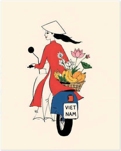 Vietnamese Woman On Motorbike Art Print displayed on Premium Paper (170 GSM) 40x50 cm / 16x20″