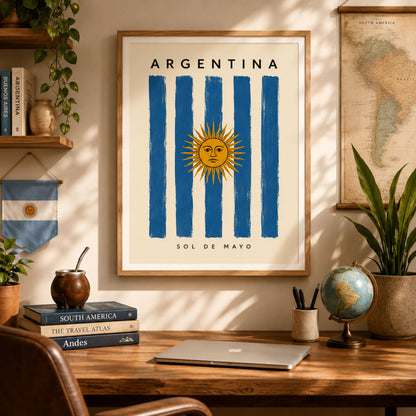 Framed Argentina flag poster displayed above a wooden desk in a warm, travel-inspired interior. The artwork features blue and cream vertical stripes, the golden Sun of May, Argentina lettering and Sol de Mayo text. Books, pottery, plants, a globe and a wall map create a collected setting for this Argentine travel wall art.