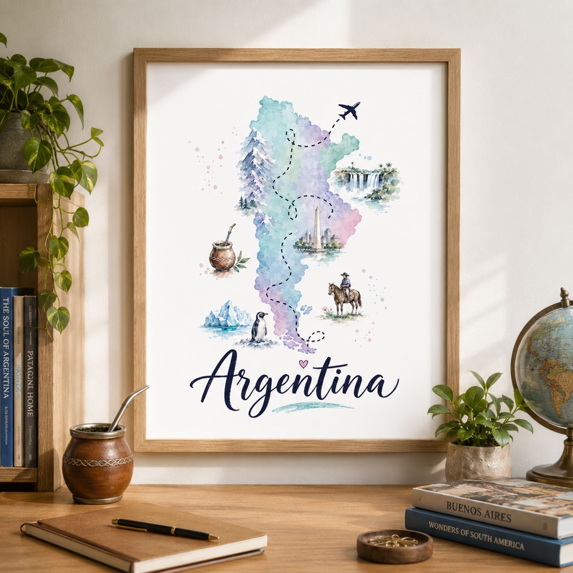 Framed Argentina map poster displayed above a wooden desk in a warm, plant-filled home office. The watercolour artwork shows a pastel map of Argentina with small cultural, wildlife and travel details, finished with bold handwritten Argentina lettering. Books, greenery and a globe add a relaxed South American travel decor setting.