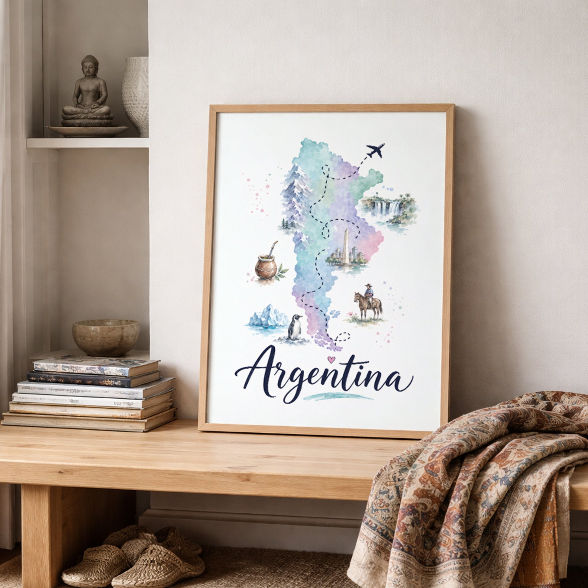 Argentina watercolour travel poster displayed in a natural wooden frame on a shelf beside folded patterned textiles and neutral home accessories. The artwork features a softly coloured map of Argentina with small regional, wildlife and cultural details, finished with sweeping handwritten Argentina text for a warm, globally inspired interior.