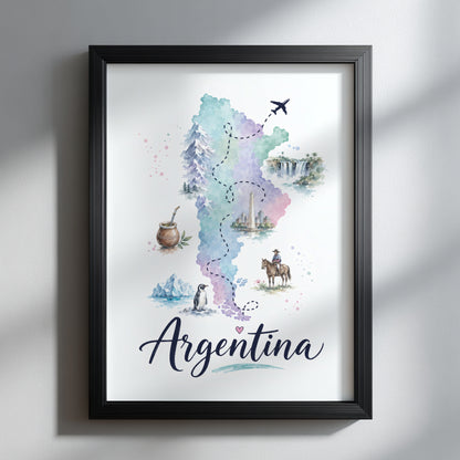 Argentina watercolour map print shown in a slim black frame against a clean light-grey wall. The pale blue, green and purple map includes small wildlife, landscape and cultural illustrations, with flowing Argentina script below. The simple dark frame gives the colourful South America travel artwork a modern, high-contrast finish.