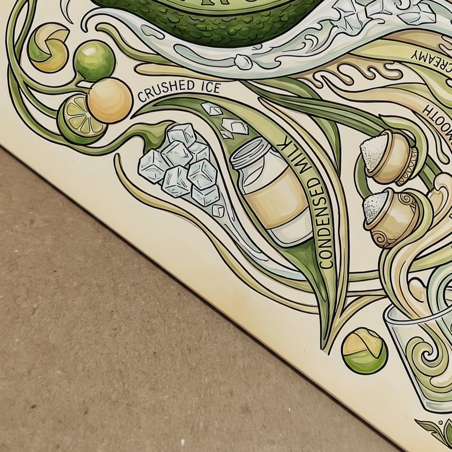 Close-up detail of the avocado shake poster showing the lower section of the print with curved vines, cream tones, ingredient illustrations and fine linework. The cropped view highlights the vintage botanical style, layered shapes and soft colour palette. Useful for showing print detail and design depth in avocado wall art, recipe poster art and food illustration decor.