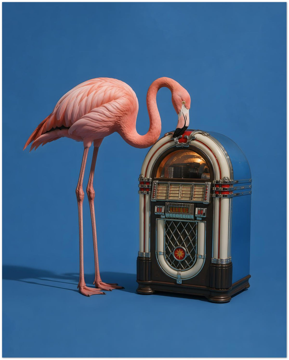 Pink Flamingo Jukebox Art Print displayed on Premium Paper (170 GSM) 40x50 cm / 16x20″