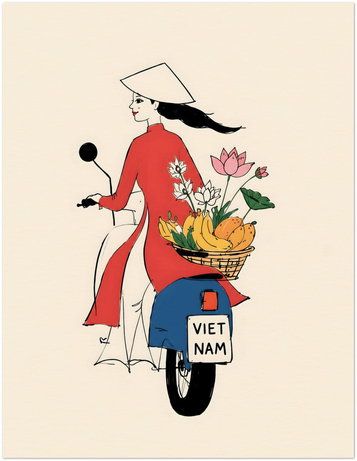 Vietnamese Woman On Motorbike Art Print displayed on Archival Paper (250 GSM) 27x35 cm / 11x14″