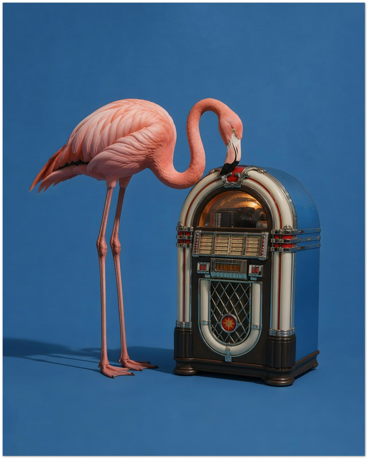 Pink Flamingo Jukebox Art Print displayed on Archival Paper (250 GSM) 40x50 cm / 16x20″