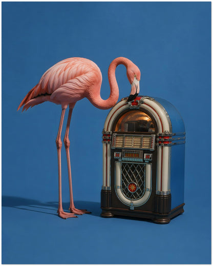 Pink Flamingo Jukebox Art Print displayed on Archival Paper (250 GSM) 40x50 cm / 16x20″