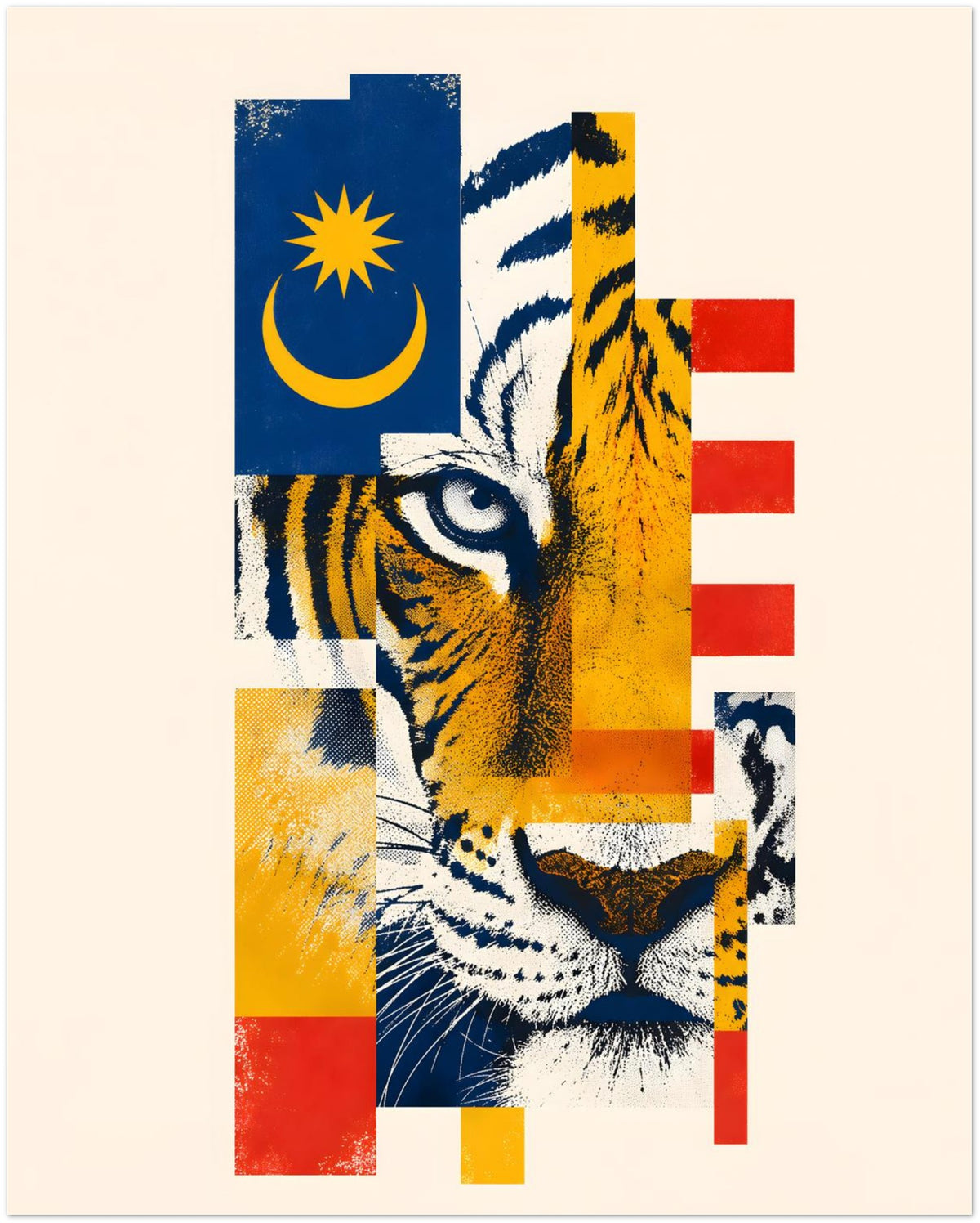 Malayan Tiger Malaysian Flag Collage Art Print displayed on Premium Paper (170 GSM) 40x50 cm / 16x20″