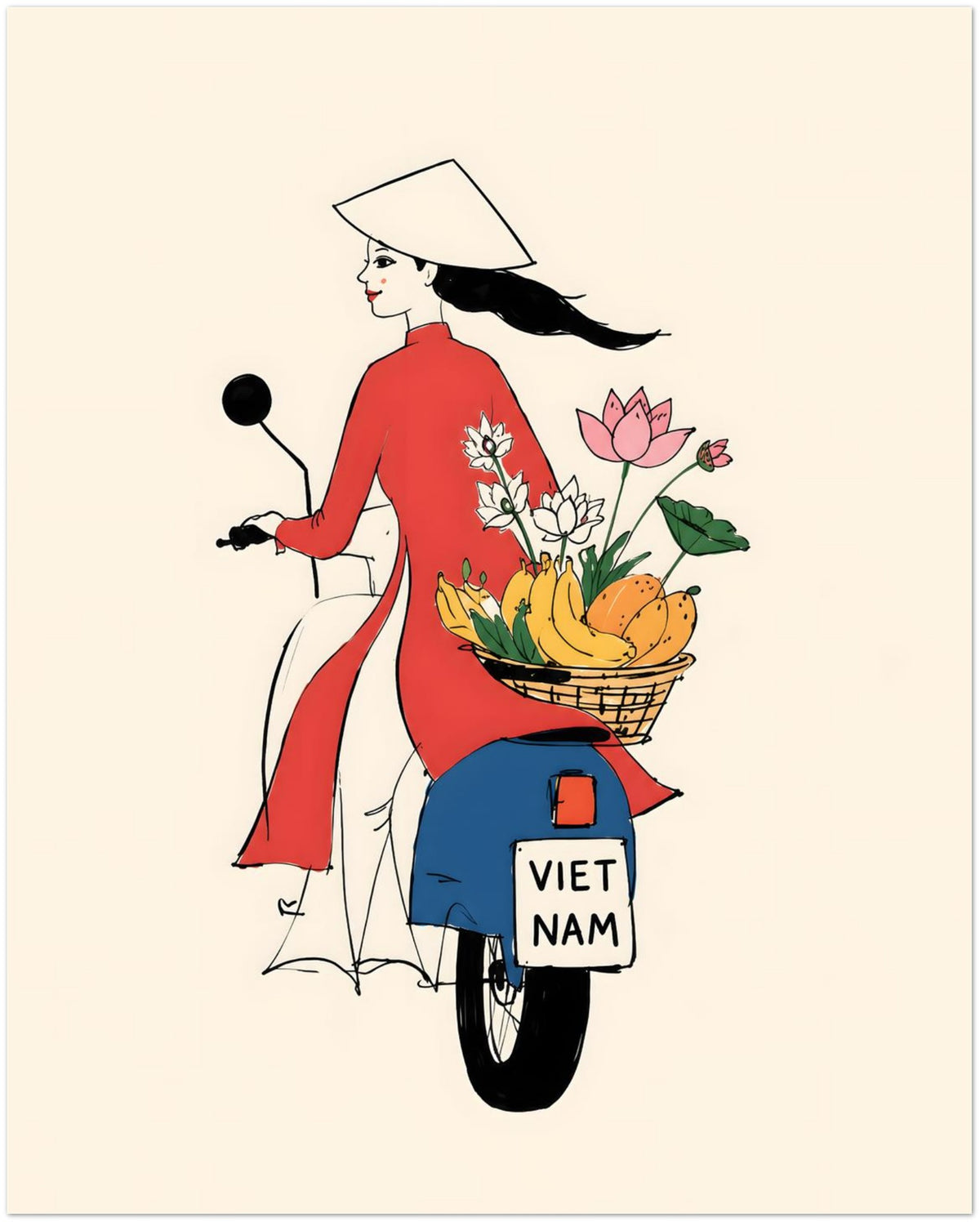 Vietnamese Woman On Motorbike Art Print displayed on Premium Paper (170 GSM) 20x25 cm / 8x10″