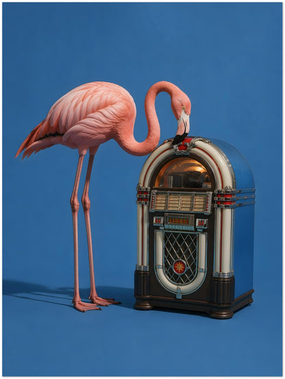 Pink Flamingo Jukebox Art Print displayed on Premium Paper (170 GSM) 30x40 cm / 12x16″