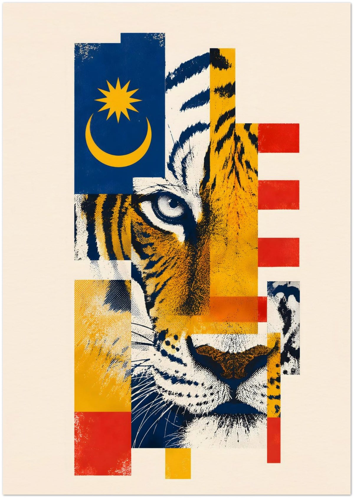 Malayan Tiger Malaysian Flag Collage Art Print displayed on Archival Paper (250 GSM) A0 (84.1 x 118.9  cm)