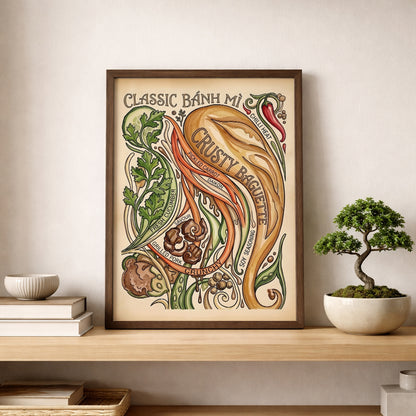 Banh Mi kitchen print styled on a wooden shelf beside a small bonsai plant and neutral home décor. The vintage Vietnamese food poster features a crusty baguette, chilli, coriander, cucumber, pickled carrot and grilled pork, creating a fresh street food wall art look for kitchens and dining spaces.