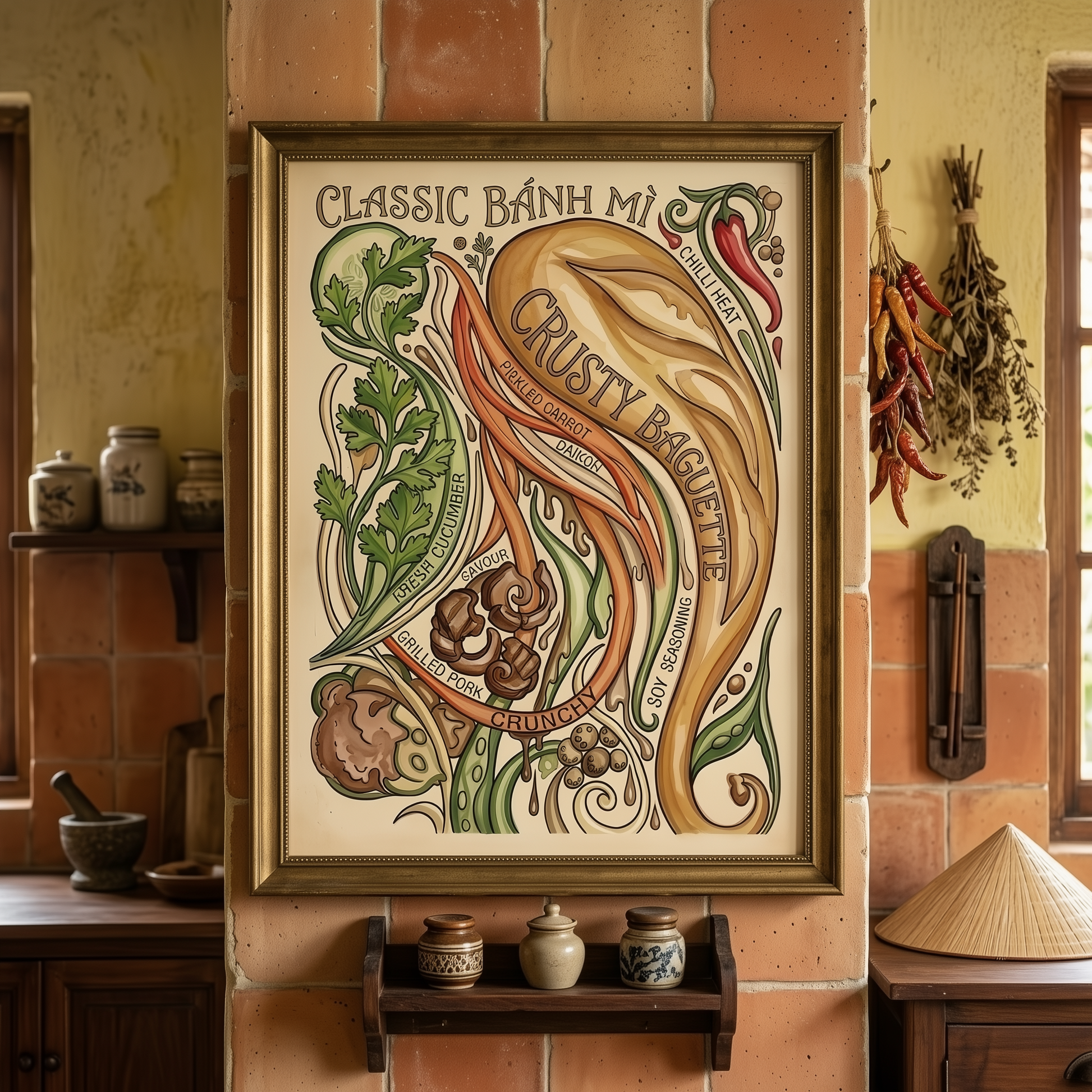 Vintage Banh Mi Poster styled in a rustic kitchen setting, with Vietnamese sandwich recipe artwork leaning against a warm interior wall. The illustrated food print shows a crusty baguette, herbs, chilli and pickled vegetables, making it ideal for kitchen wall art, café décor or dining room styling.