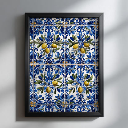 Portuguese blue azulejo olive print in a black frame on a light textured wall, showing golden olives, green leaves and detailed floral tilework.