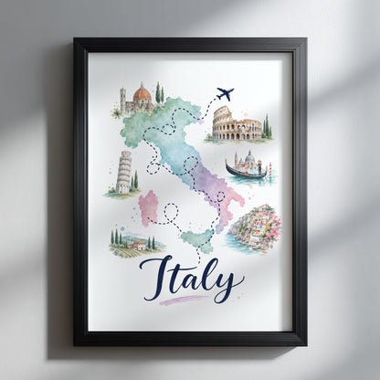 Italy travel map print presented in a slim black frame on a soft grey wall. The pastel watercolour map combines green, pink, blue and purple sections with dotted journey lines, a small aeroplane and illustrated Italian landmarks, while the bold handwritten Italy title makes the artwork stand out in a clean, modern interior.