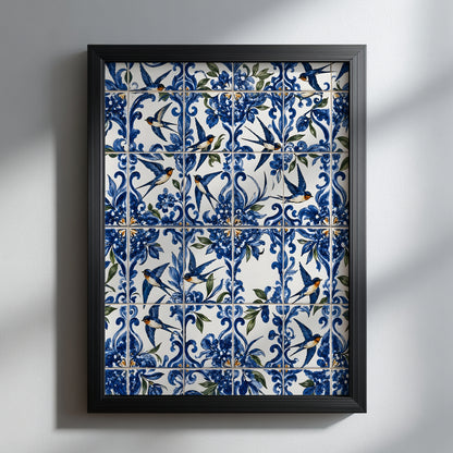 Portuguese swallow azulejo print in a black frame on a white wall, featuring blue and white ceramic tile patterns, floral details and flying andorinha swallows.