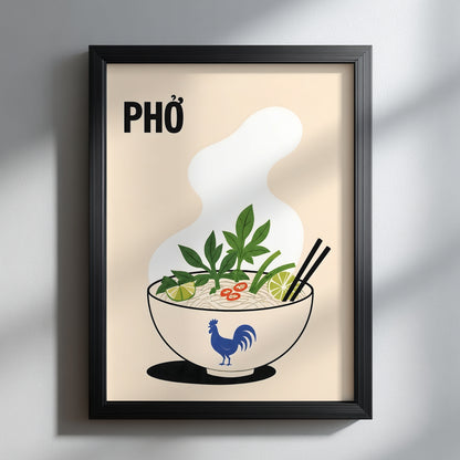 Vietnamese pho kitchen wall art displayed in a black frame on a pale wall with soft natural shadows. The illustrated noodle soup bowl includes green herbs, lime, red chilli, chopsticks and a blue rooster design.
