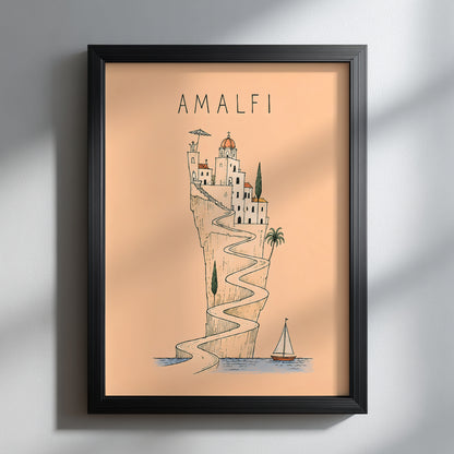 Amalfi Coast line art print displayed in a black portrait frame on a white textured wall, with natural sunlight and soft shadows highlighting the peach artwork.