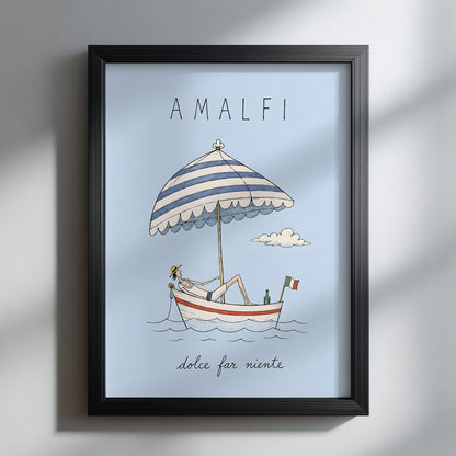 Amalfi summer boat wall art displayed facing forward in a black frame on a white wall, with natural window shadows highlighting the pale blue Italian travel print.