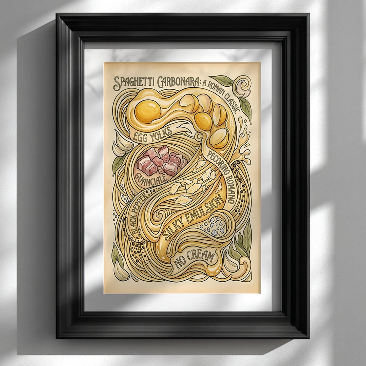 Black framed Spaghetti Carbonara Poster displayed on a clean white wall, shown as a styled interior mockup. The artwork features a vintage Italian food illustration with flowing spaghetti, egg yolks and ingredient details on a soft beige background. The bold black frame gives contrast and helps show how the pasta wall art works as modern kitchen wall decor or Italian kitchen wall art.