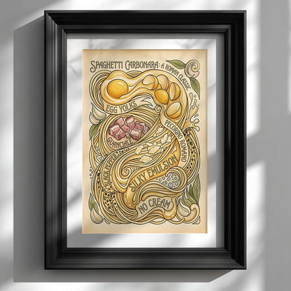 Black framed Spaghetti Carbonara Poster displayed on a clean white wall, shown as a styled interior mockup. The artwork features a vintage Italian food illustration with flowing spaghetti, egg yolks and ingredient details on a soft beige background. The bold black frame gives contrast and helps show how the pasta wall art works as modern kitchen wall decor or Italian kitchen wall art.