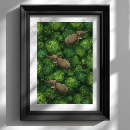 Black framed elephant wall art mockup shown on a white wall with soft window light and shadow. The artwork shows three elephants moving diagonally through dense green jungle treetops from an overhead view, creating a calm travel-inspired nature scene. Styled as modern jungle wall decor, elephant poster art, green animal print and tropical wildlife wall art for contemporary interiors.