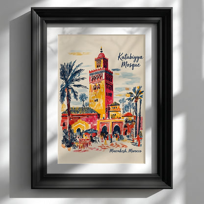 Black framed Kutubiyya Mosque print displayed on a white wall with a wide mount and soft natural shadows. The artwork shows a colourful Marrakech street scene with the mosque tower, palm trees, archways, outdoor seating and small figures in red, yellow, blue and cream tones. A clean mockup for Morocco wall art, Marrakech poster and Moroccan architecture print styling in modern interiors.