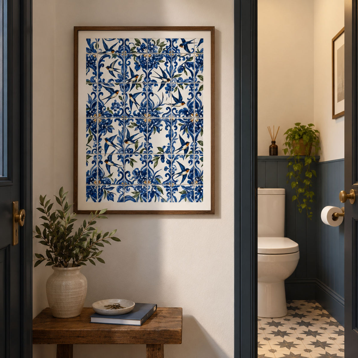 Black framed Portuguese andorinha azulejo print displayed in a warm interior, combining blue and white patterned tiles, floral decoration and flying swallows.