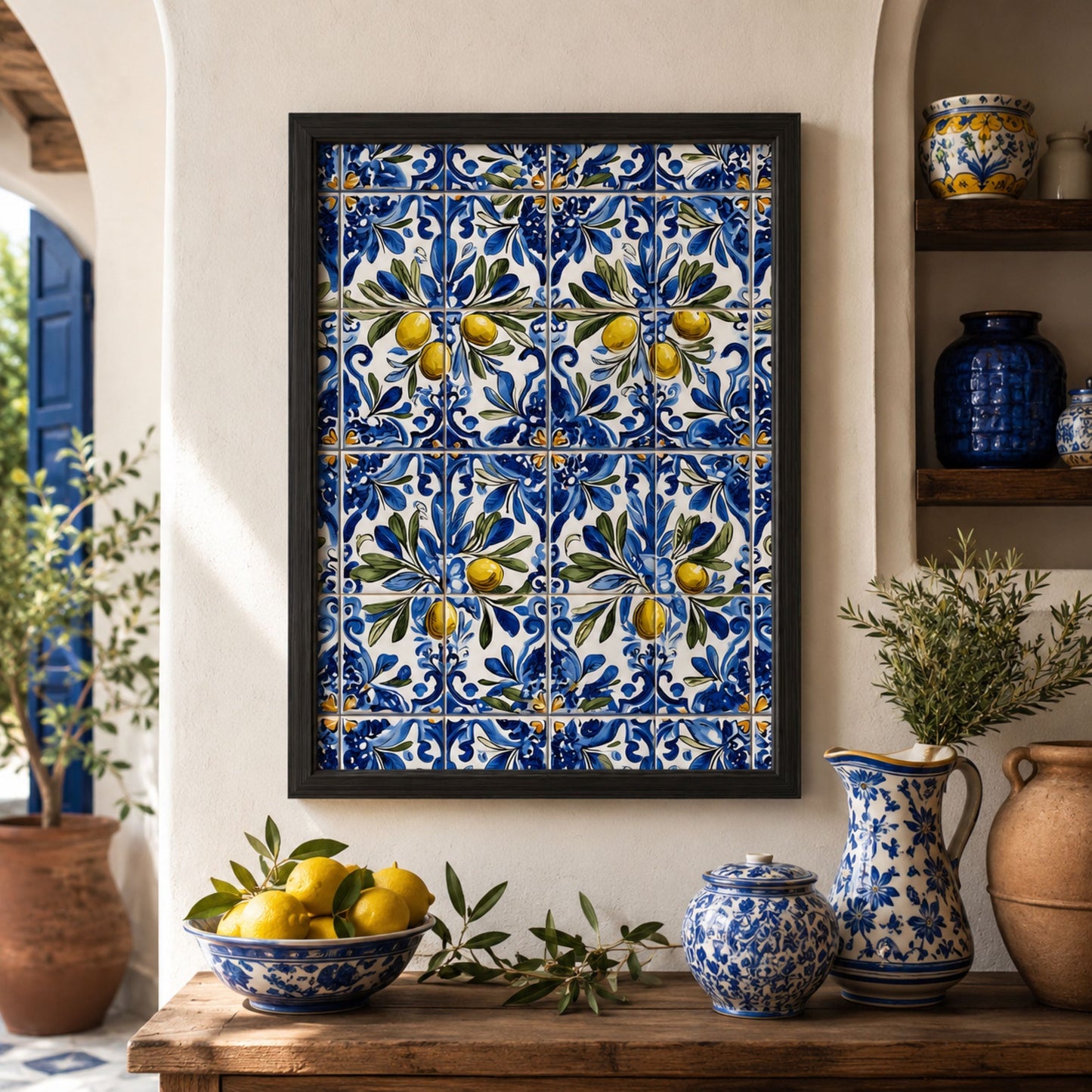 Black-framed Portuguese azulejo olive print displayed above a wooden kitchen shelf with blue pottery, plants and warm natural decor.