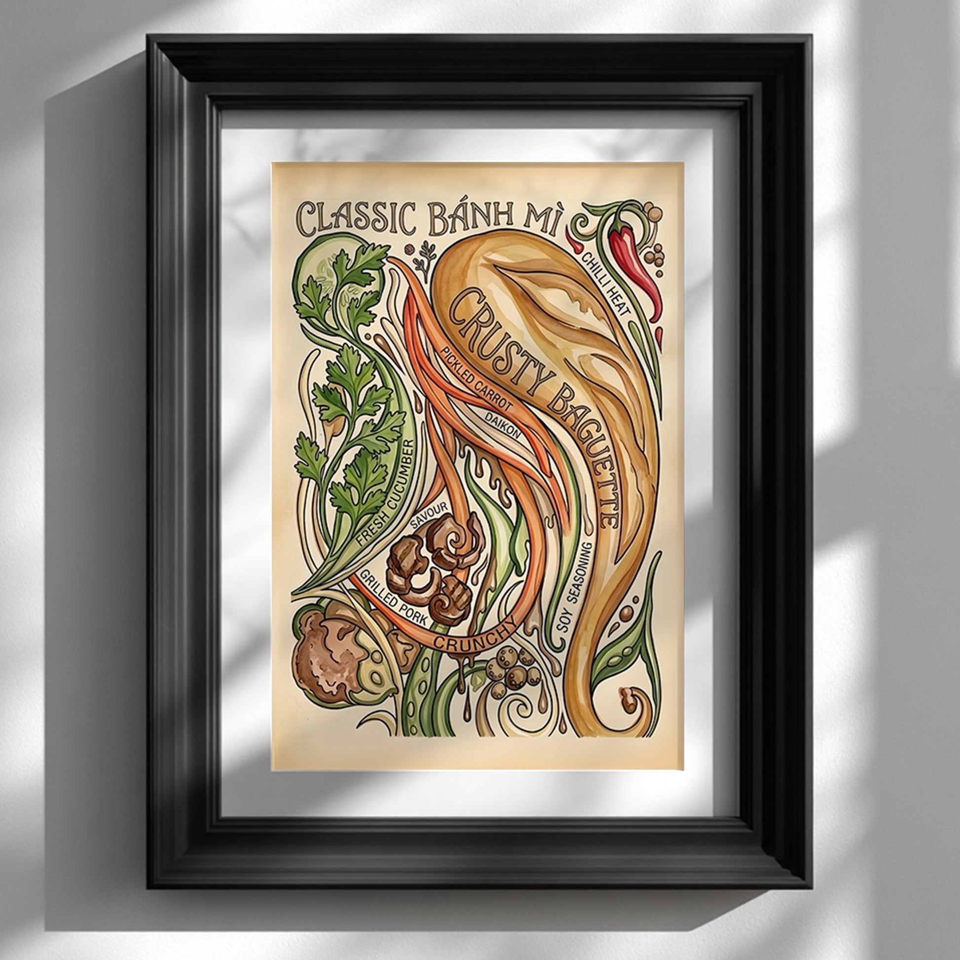 Black framed Banh Mi Poster displayed on a clean white wall, featuring a vintage Vietnamese sandwich recipe illustration with crusty baguette, chilli, coriander, cucumber, pickled carrot, daikon and grilled pork. A bold food wall art print for kitchens, cafés, dining rooms and modern gallery walls.