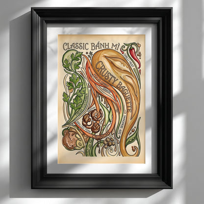 Black framed Banh Mi Poster displayed on a clean white wall, featuring a vintage Vietnamese sandwich recipe illustration with crusty baguette, chilli, coriander, cucumber, pickled carrot, daikon and grilled pork. A bold food wall art print for kitchens, cafés, dining rooms and modern gallery walls.