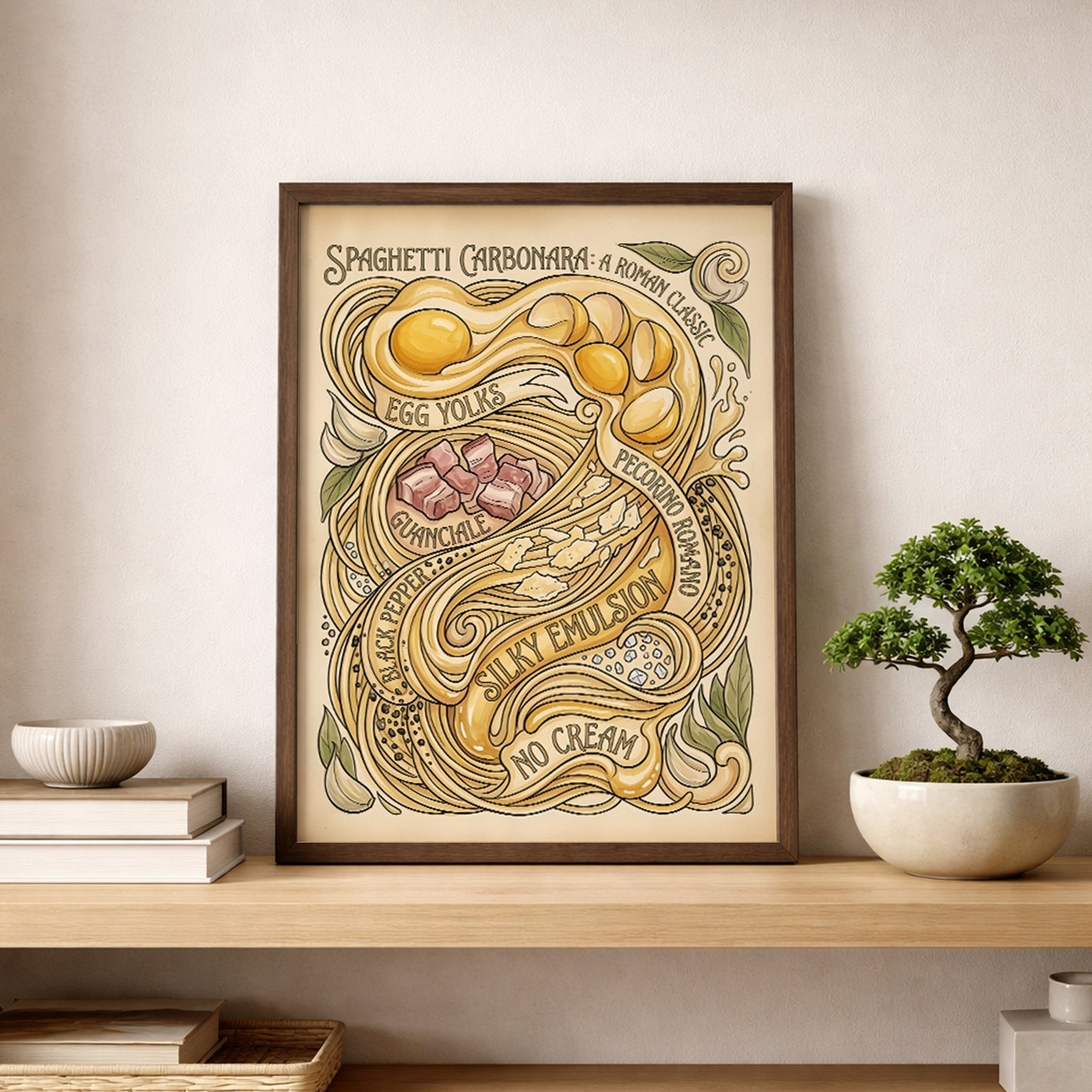 Spaghetti Carbonara Poster styled on a wooden shelf next to a small bonsai plant in a calm neutral room. The framed artwork stands upright and shows the full vintage Italian food design with flowing pasta lines and ingredient illustrations. The simple shelf styling makes it easy to picture in a kitchen, dining room or coffee corner as food wall art or Italian kitchen decor.
